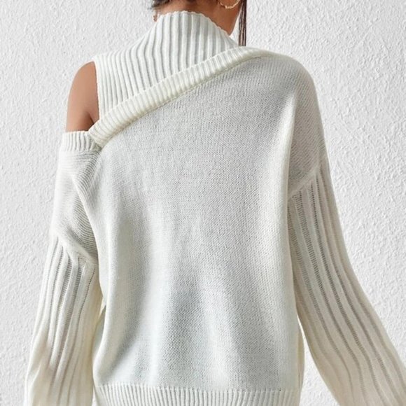 Beige Asymmetrical Neck Drop Shoulder Sweater - Picture 2 of 5